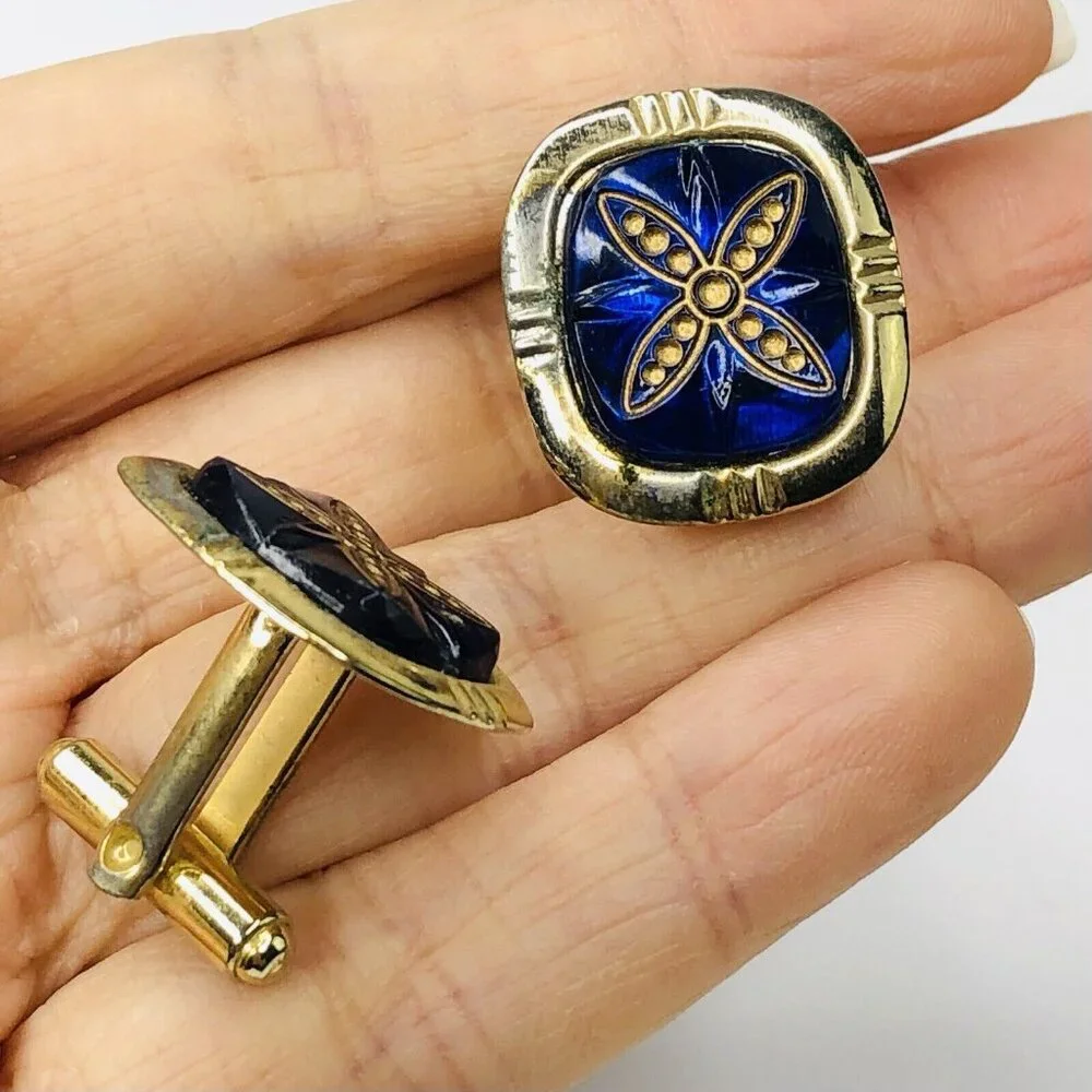 Vtg Cobalt Blue Stone Cufflinks Goldtone Jeweled Wedding Groom Gift Rectangle